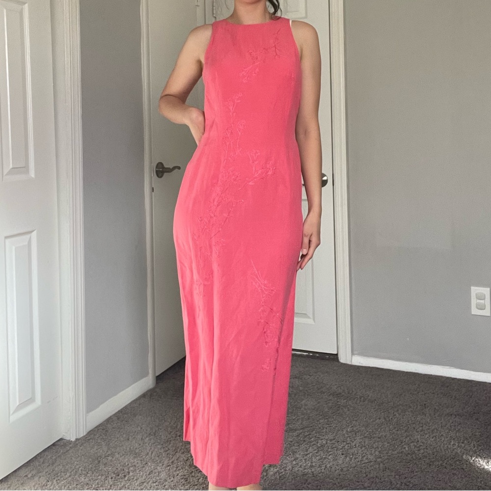 Jones New York• Vintage Silk Linen Blended Maxi Tank Dress Sakura Flowers beaded